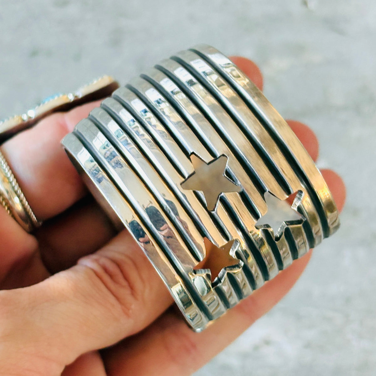 Navajo Andy Cadman Sterling Silver Stars Statement Cuff