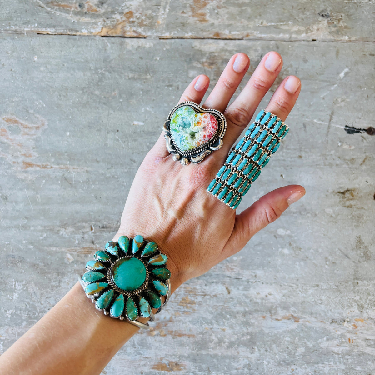 Navajo Effie Garfield Sterling Silver & Kingman Turquoise Cluster Cuff