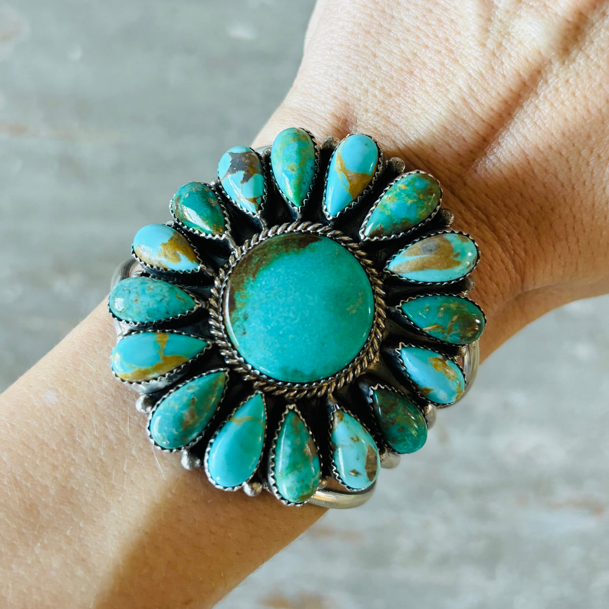 Navajo Effie Garfield Sterling Silver & Kingman Turquoise Cluster Cuff