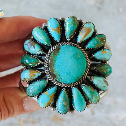 Navajo Effie Garfield Sterling Silver & Kingman Turquoise Cluster Cuff