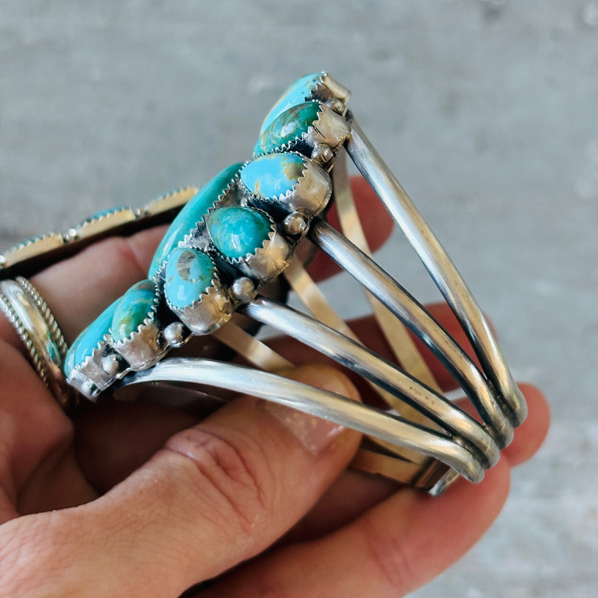 Navajo Effie Garfield Sterling Silver & Kingman Turquoise Cluster Cuff