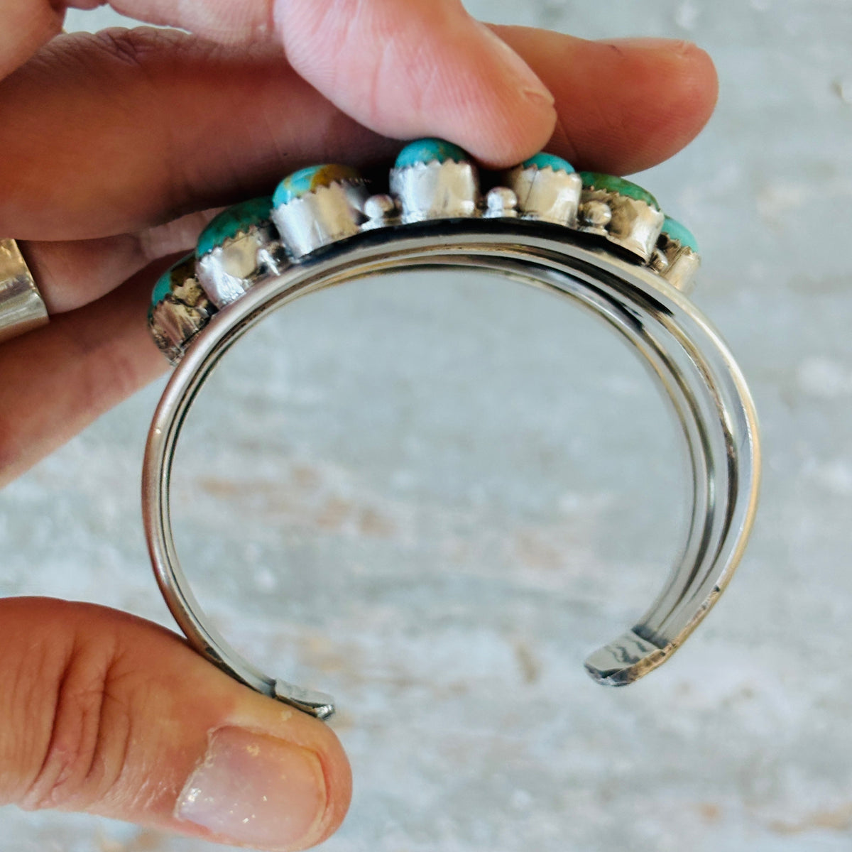 Navajo Effie Garfield Sterling Silver & Kingman Turquoise Cluster Cuff