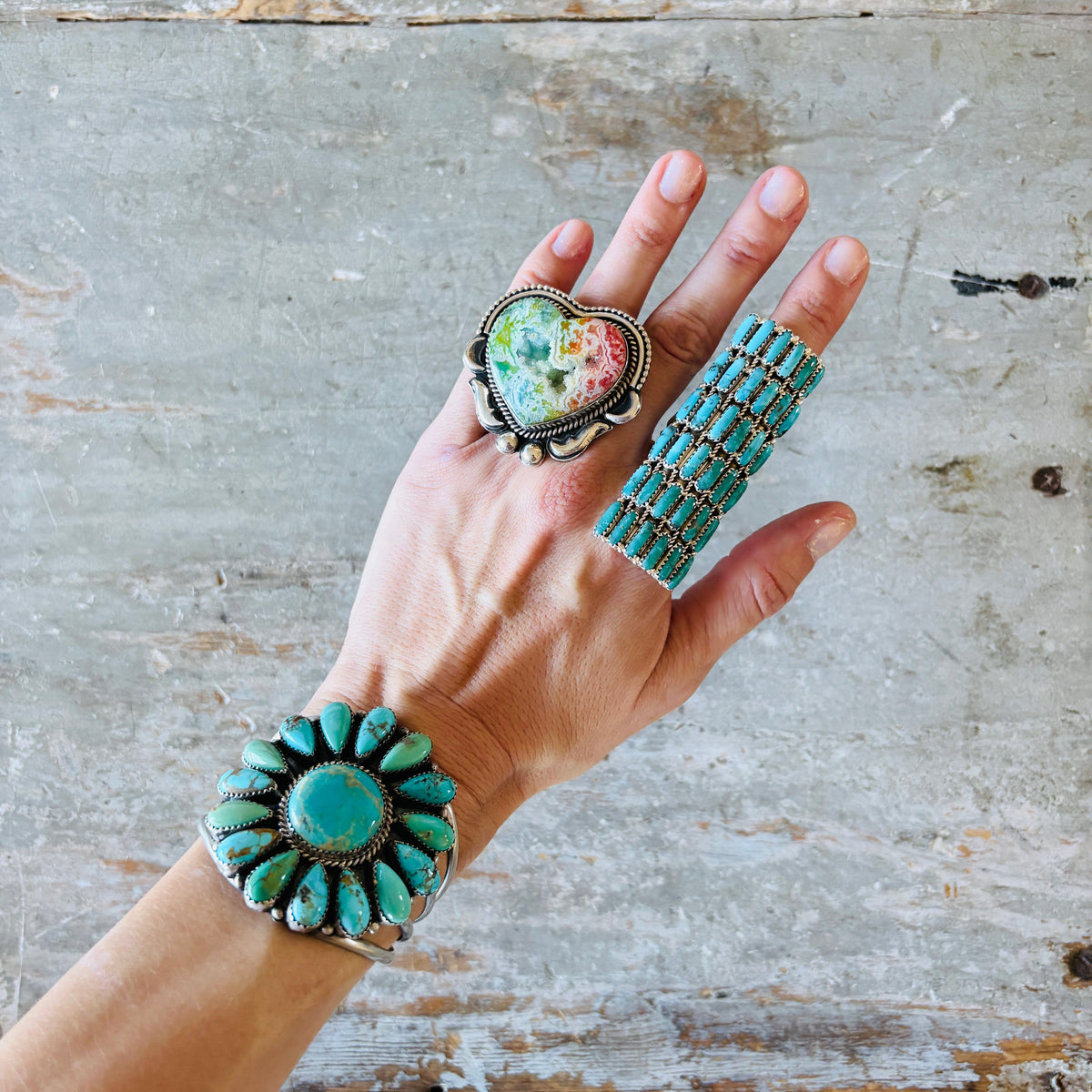 Navajo Effie Garfield Sterling Silver & Kingman Turquoise Cluster Cuff