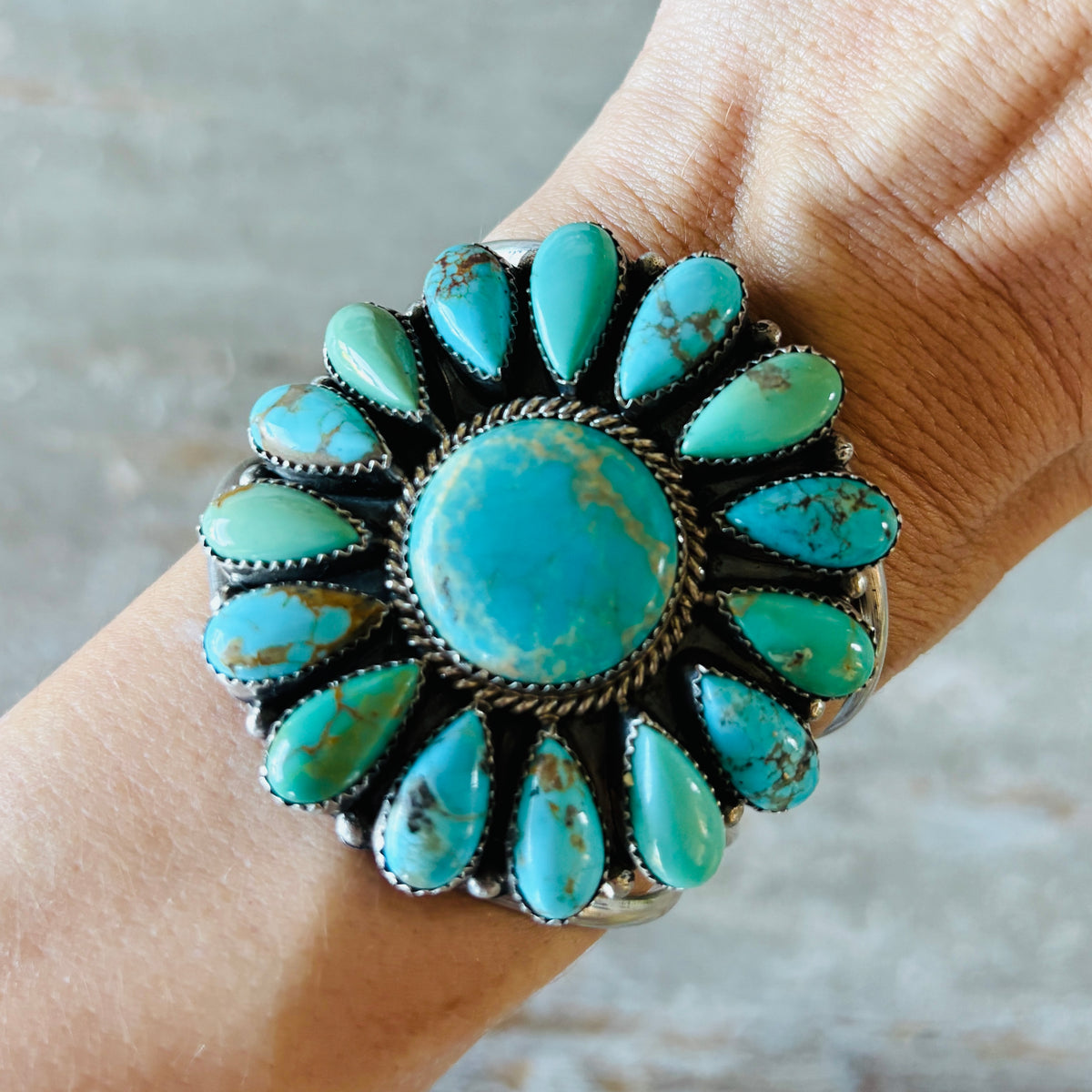 Navajo Effie Garfield Sterling Silver & Kingman Turquoise Cluster Cuff