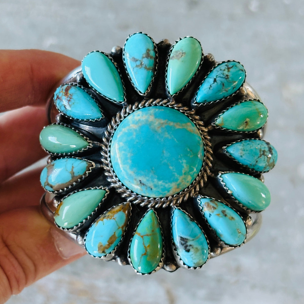 Navajo Effie Garfield Sterling Silver & Kingman Turquoise Cluster Cuff