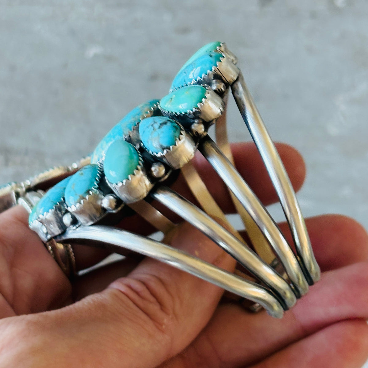 Navajo Effie Garfield Sterling Silver & Kingman Turquoise Cluster Cuff