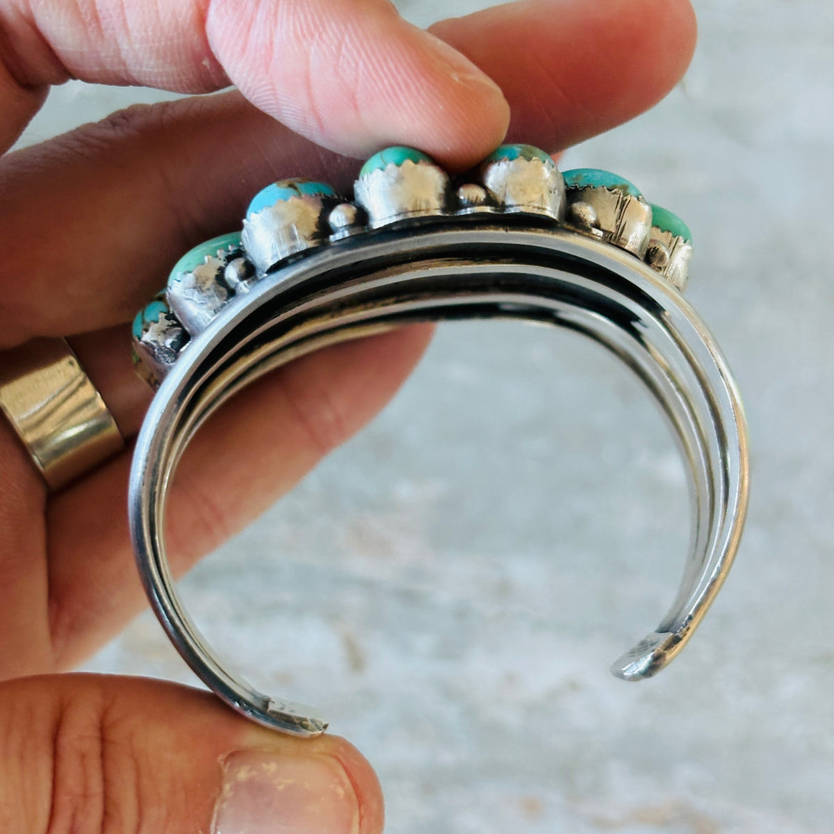 Navajo Effie Garfield Sterling Silver & Kingman Turquoise Cluster Cuff