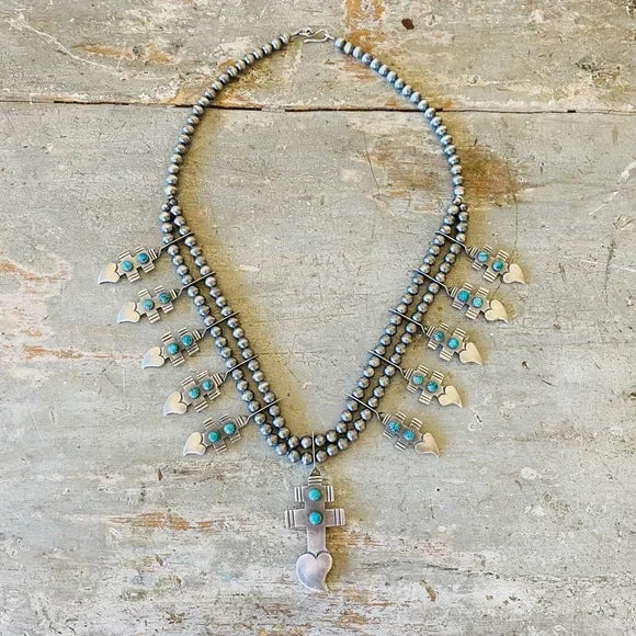 Buffalo Dancer Sterling Silver Turquoise Hearts Squash Blossom Necklace