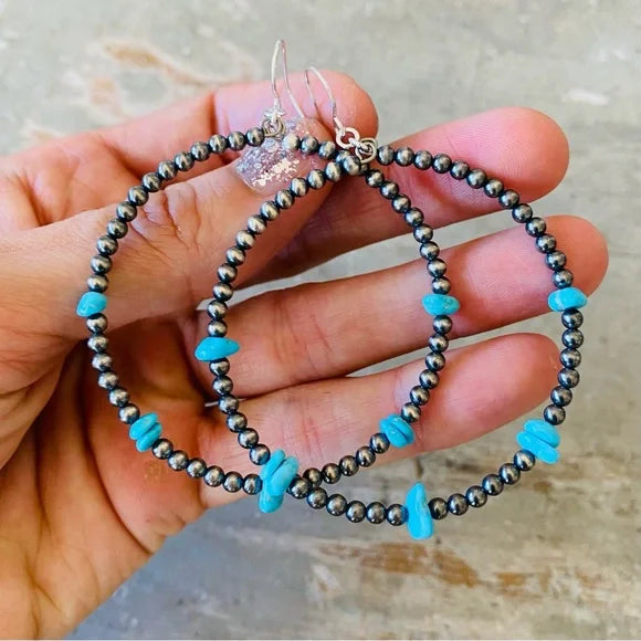 Navajo Mason Lee Sterling Silver & Turquoise Pearl Hoop Beaded Earrings