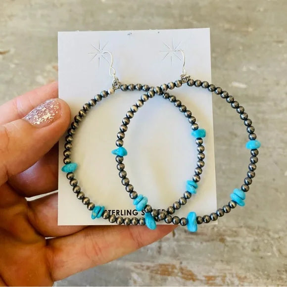 Navajo Mason Lee Sterling Silver & Turquoise Pearl Hoop Beaded Earrings