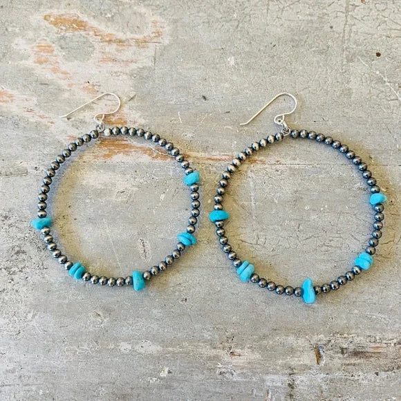 Navajo Mason Lee Sterling Silver & Turquoise Pearl Hoop Beaded Earrings