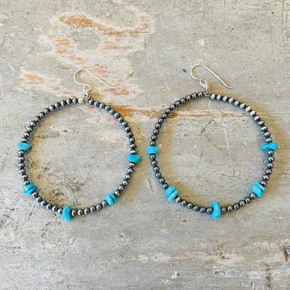 Navajo Mason Lee Sterling Silver & Turquoise Pearl Hoop Beaded Earrings