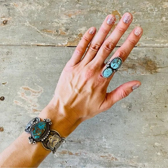 Navajo Tia Long Sterling Silver & Kingman Web Turquoise Ring