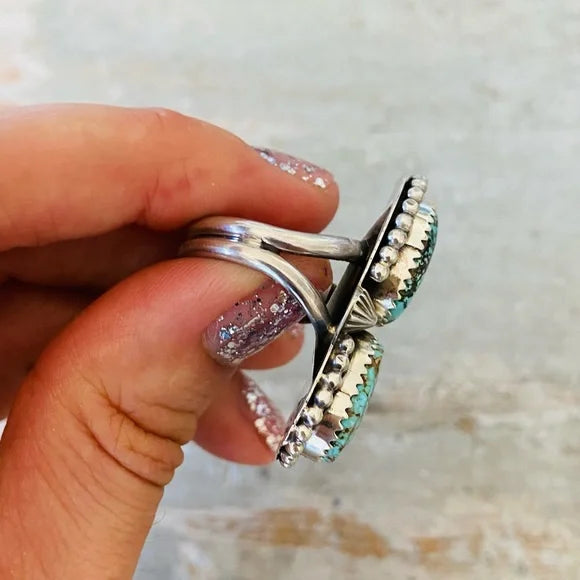 Navajo Tia Long Sterling Silver & Kingman Web Turquoise Ring