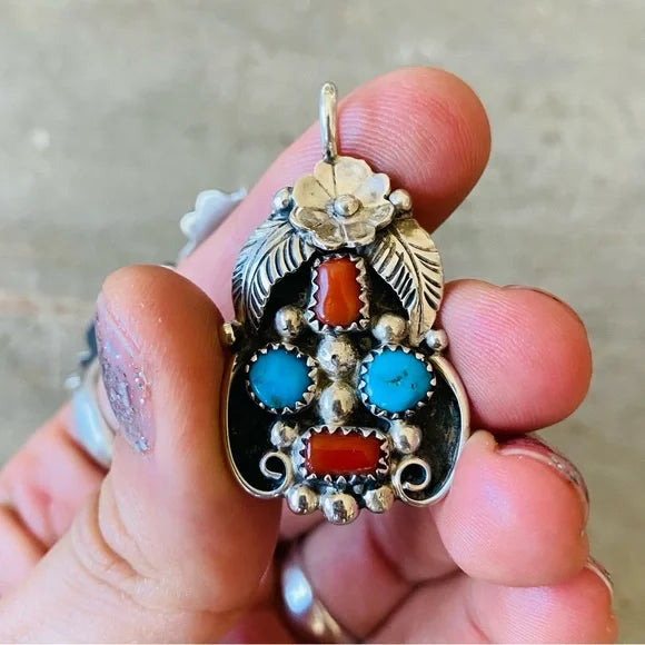 Navajo Jimmie Yazzie Sterling Silver Turquoise & Red Coral Floral Pendant