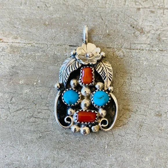 Navajo Jimmie Yazzie Sterling Silver Turquoise & Red Coral Floral Pendant