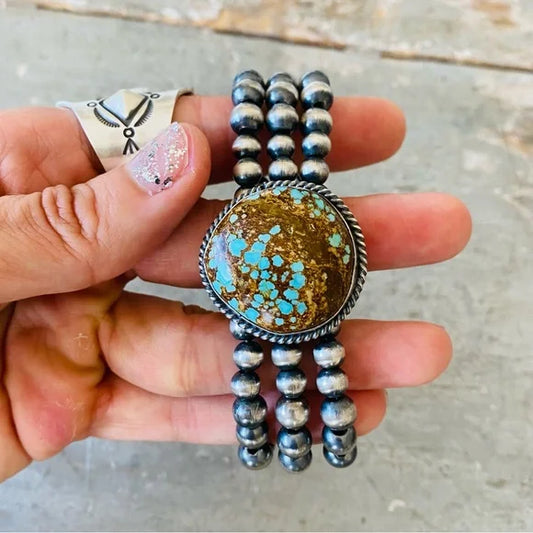 Navajo Mary Vandeveer Sterling Silver Three Strand Pearls & #8 Turquoise Bracelet