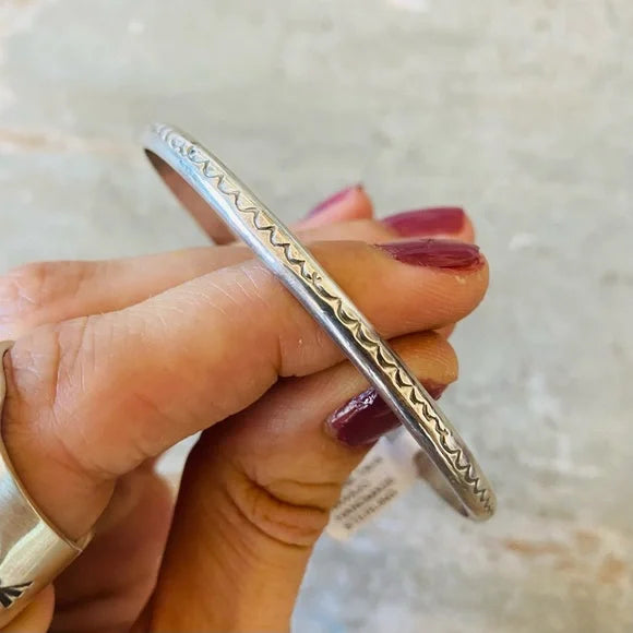 Navajo Elaine Tahe Sterling Silver Hand Stamped Bangle Bracelet