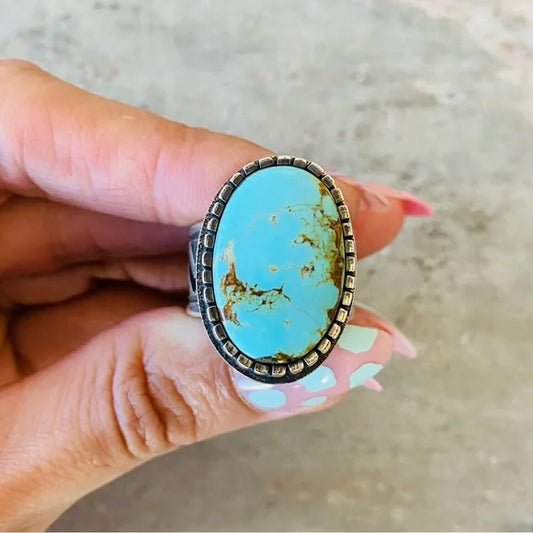 Navajo Aaron John Sterling Silver & Kingman Turquoise Ring