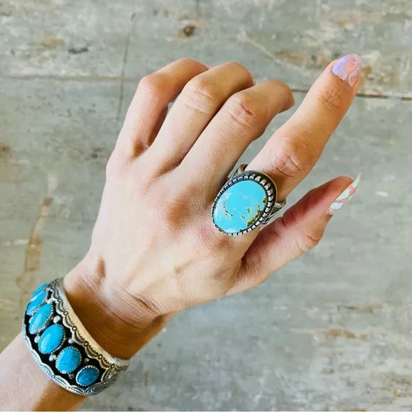 Navajo Aaron John Sterling Silver & Kingman Turquoise Ring