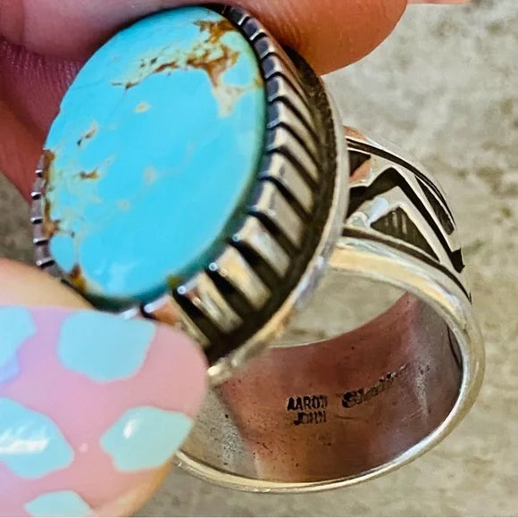 Navajo Aaron John Sterling Silver & Kingman Turquoise Ring
