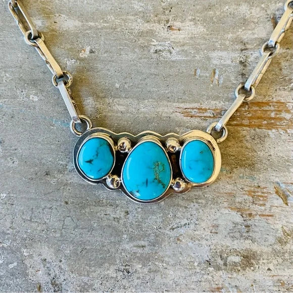 Navajo Melvin Francis Sterling Silver & Turquoise Three Stone Necklace
