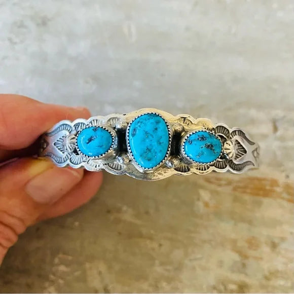 Navajo Signed Sterling Silver & Turquoise Cuff