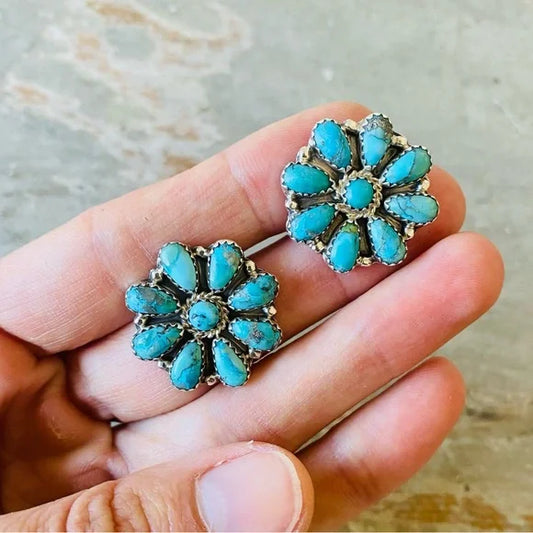 Navajo Ophelia Moses Sterling Silver & Turquoise Round Cluster Earrings