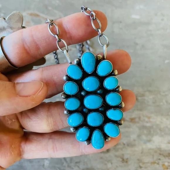 Navajo Dave Skeets Sterling Silver & Blue Ridge Turquoise Cluster Necklace